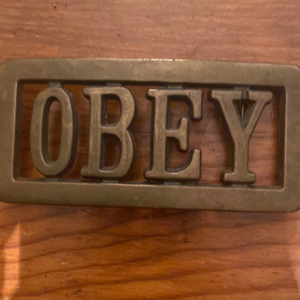 Obey metal belt buckle 4” long x 2” tall